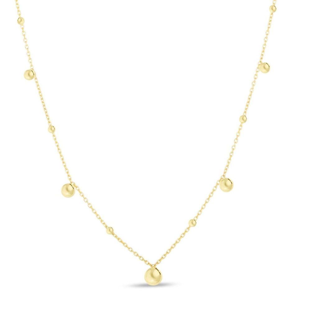 Real 14K Yellow Gold Finish Polished Stationed Bead 18" Necklace